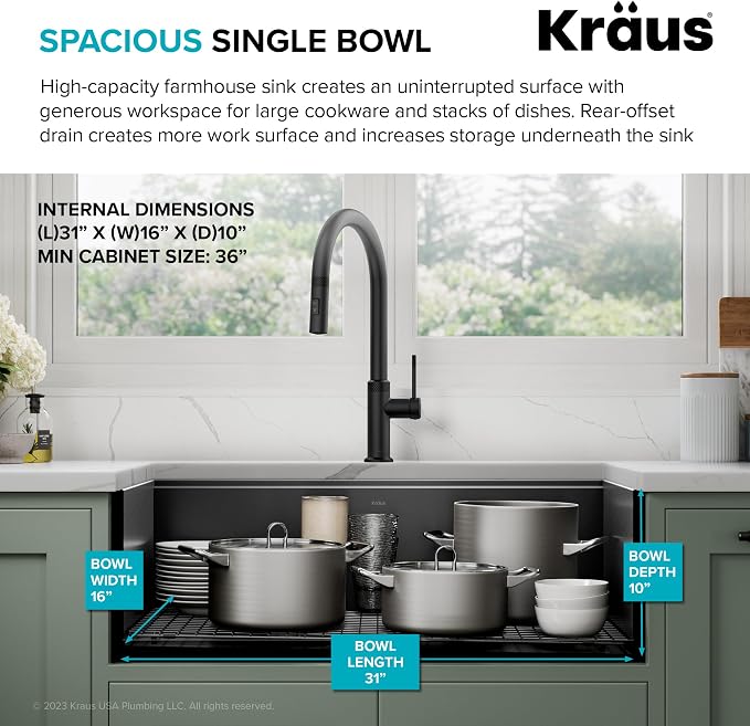 KRAUS Kore Workstation 33-inch Farmhouse Apron Front 16 Gauge Black Stainless - Image 4