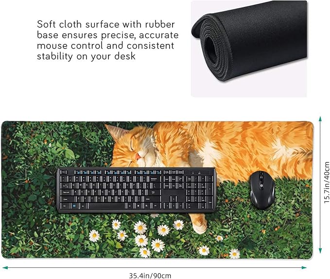 Cozy Cat Large Mouse Pad, Grass Daisy Gaming Desk Mat, XXL Keyboard Desk Pad Mat - Image 3