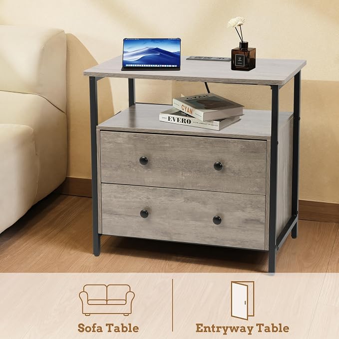 27 inch Wide Night Stand with Charging Station, Bedside Table with Open Shelf - Image 8