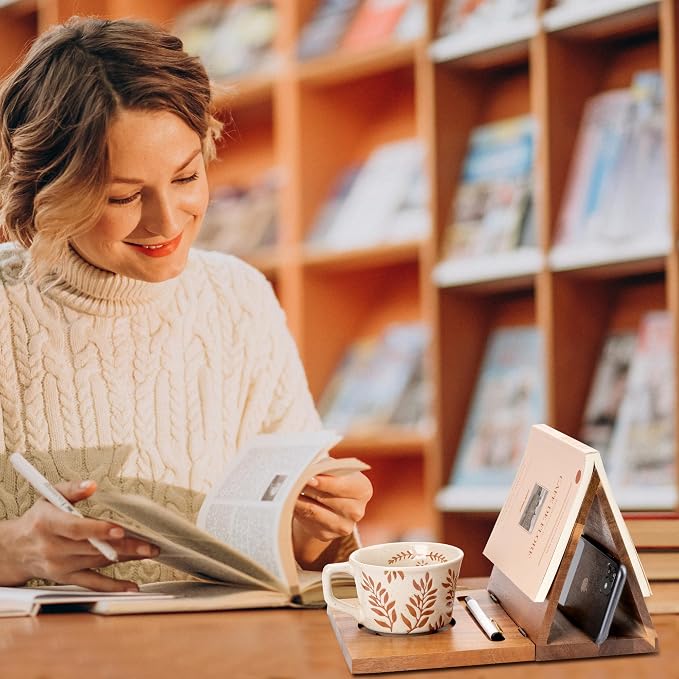 Book Nook Reading Valet with Cup Holder, Wooden Book Stand Coffee Holder - Image 5