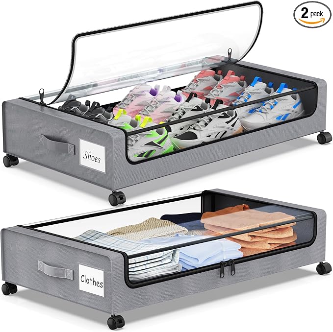Under Bed Storage with Wheels, Under Bed Shoe Storage Organizer Bins, Rolling by Molutsody