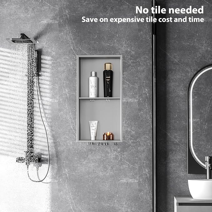 Stainless Steel Shower Niche 24" X 12", No Tile Needed Wall Niche Double Shelves - Image 8