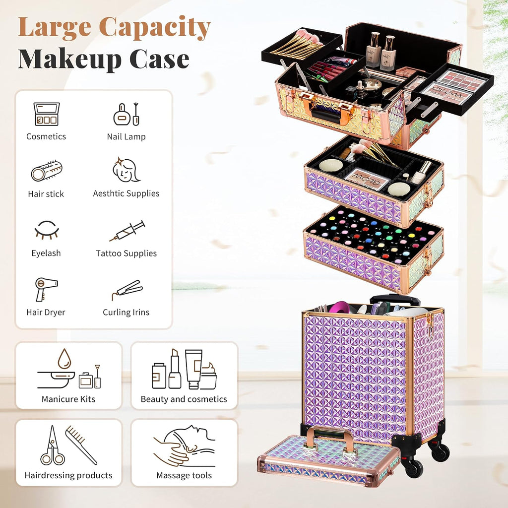 AROUS 5 in 1 Rolling Makeup Train Case with Lid Cosmetology Case on