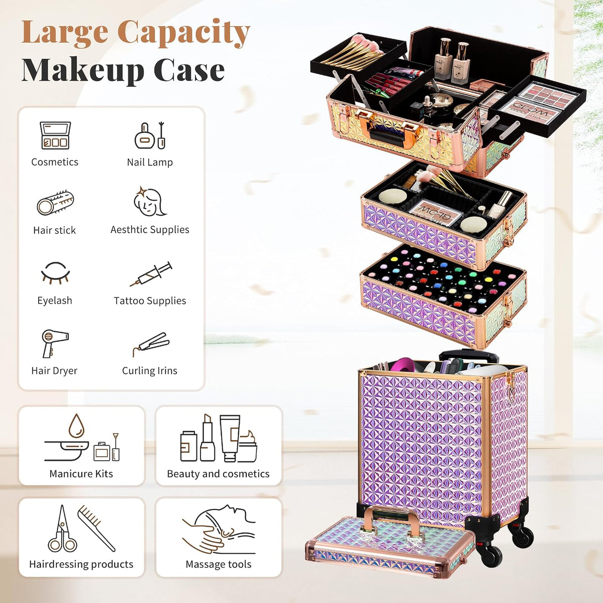 AROUS 5 in 1 Rolling Makeup Train Case with Lid Cosmetology Case on