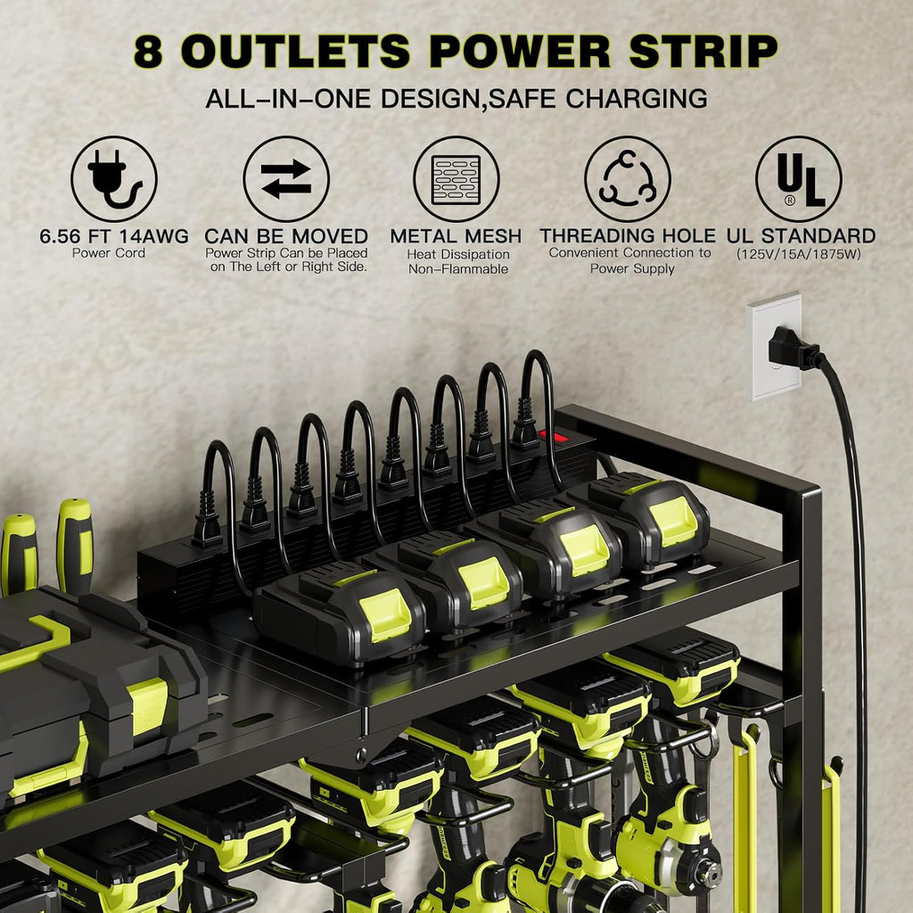 Power Tool Organizer Cart with Charging Station, 8 Drills, Black