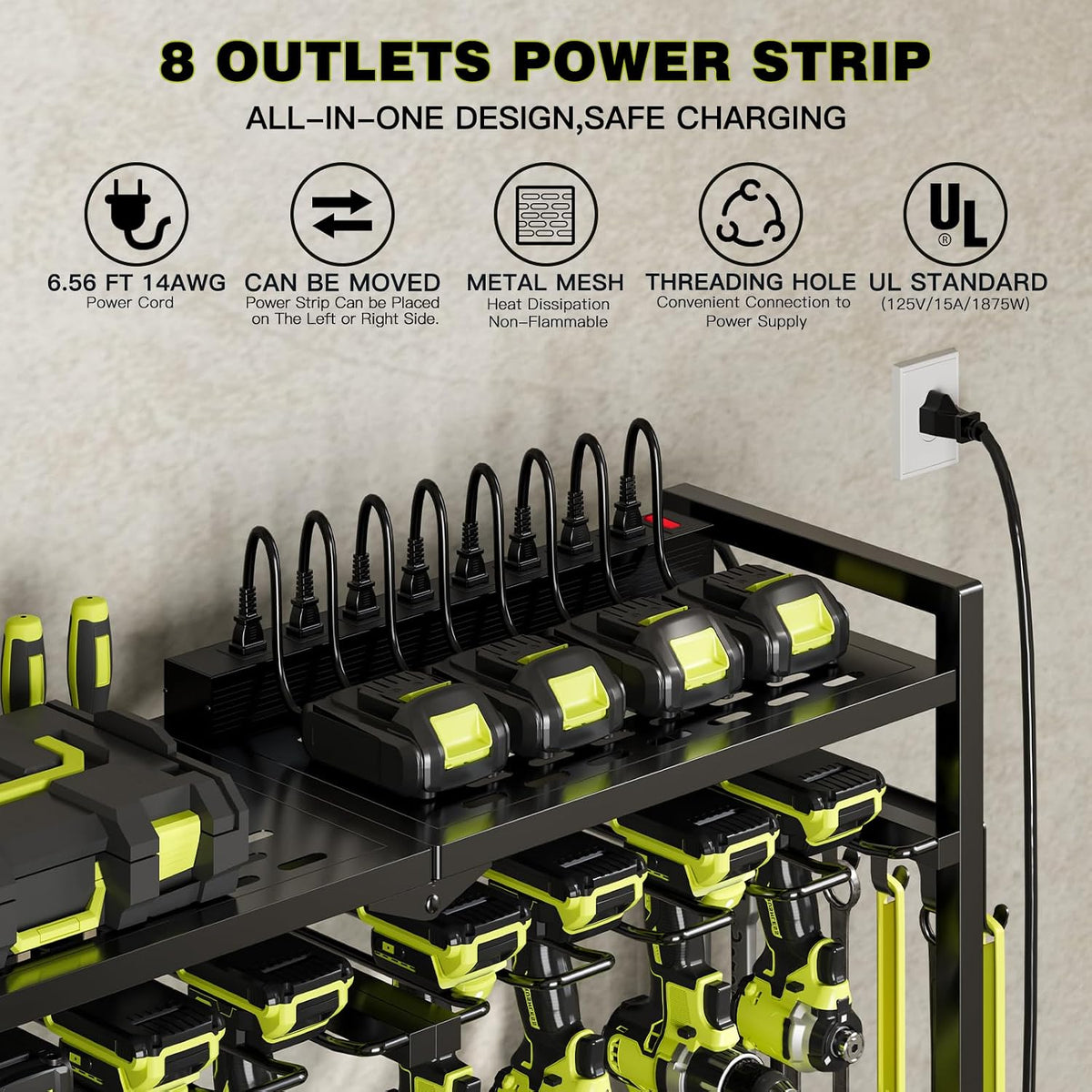 Power Tool Organizer Cart with Charging Station, 8 Drills, Black