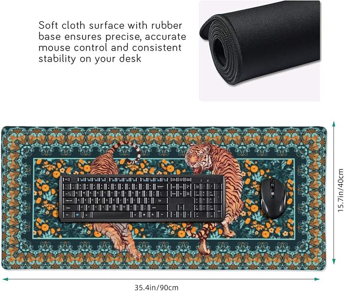 Vintage Floral Tiger Large Mouse Pad, Vintage Aesthetic Gaming Desk Mat - Image 3