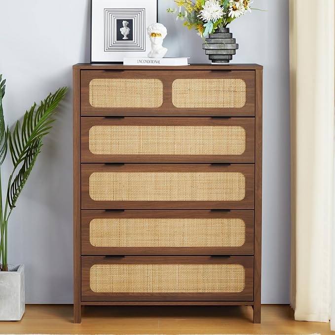 5 Drawer Dresser with Rattan Finish, Modern Farmhouse Chest of Drawers with - Image 3
