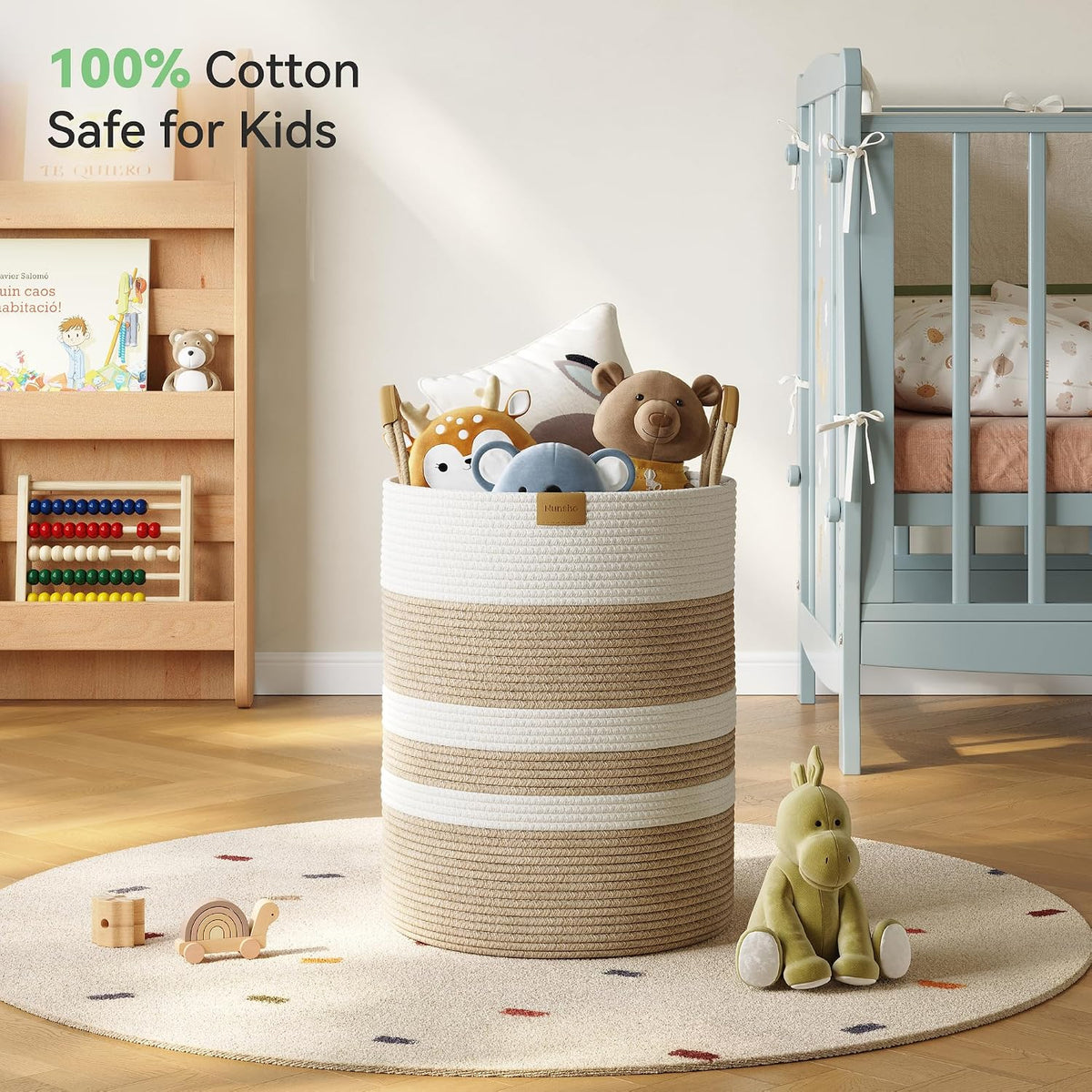 62L Striped Laundry Hamper with Leather Handles,Large Foldable Laundry