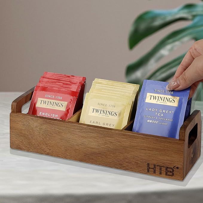 HTB Small Tea Bag Box Wooden, 3 Compartments Acacia Wood Tea Bag Chest - Image 9