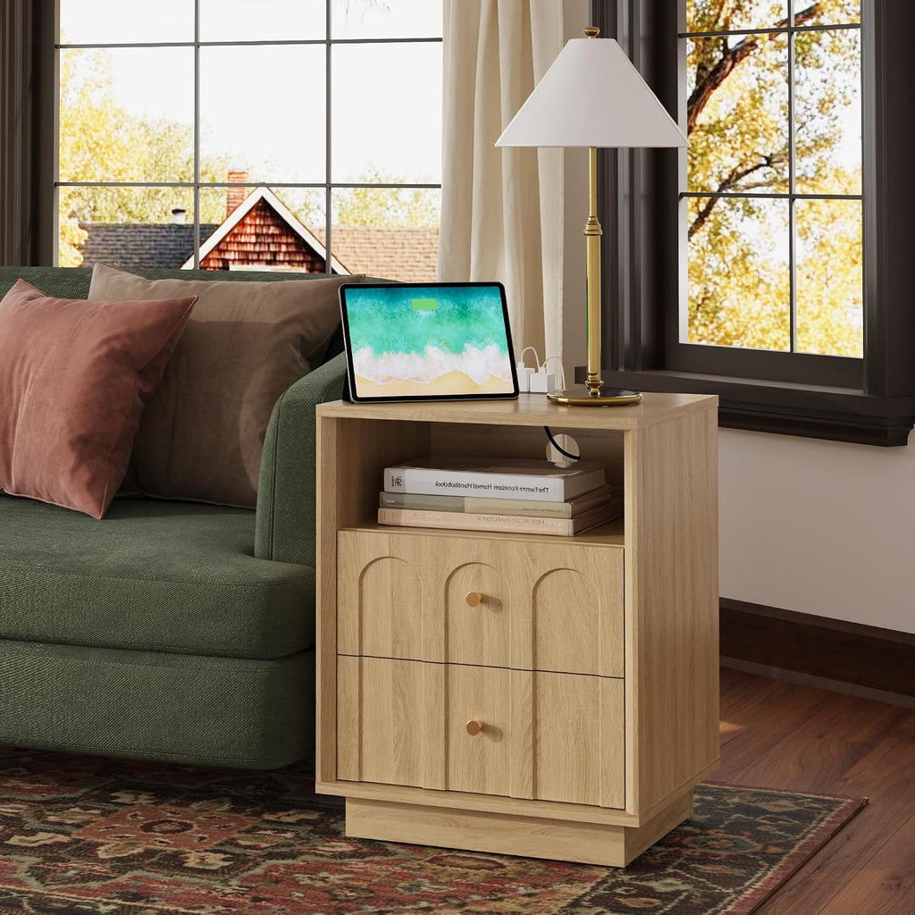 17.7" Nightstand with Charging Station, Arched Design, Oak