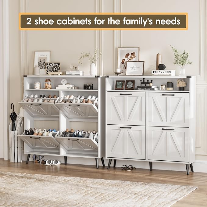 Shoe Cabinet with 4 Flip Drawers, Farmhouse Shoe Storage Cabinet - Image 4