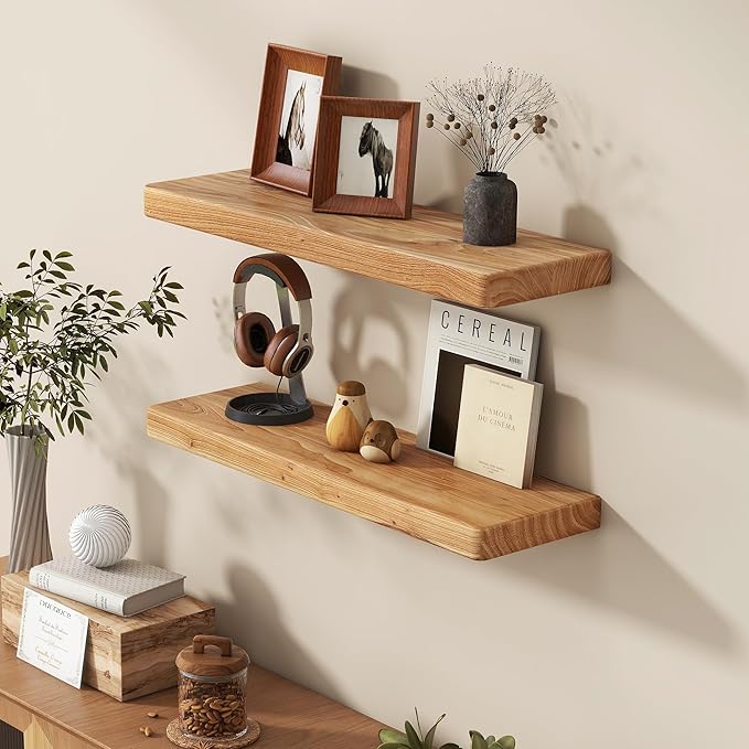 Fun Memories 24 Inch Floating Shelves, Solid Elm Wood Wall Shelf - Image 2