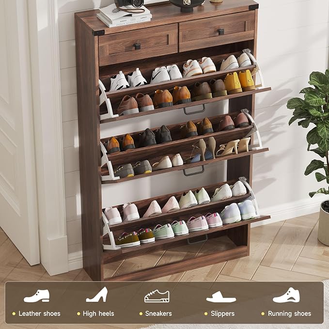 Shoe Cabinet with 3 Flip Drawers & 2 Drawers, Freestanding Shoe Storage Cabinet - Image 4
