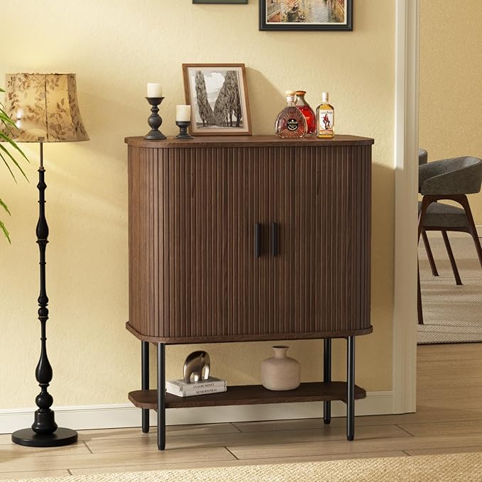 Coffee Bar Cabinet with Storage, Fluted Wine Cabinet with Sliding Doors - Image 3