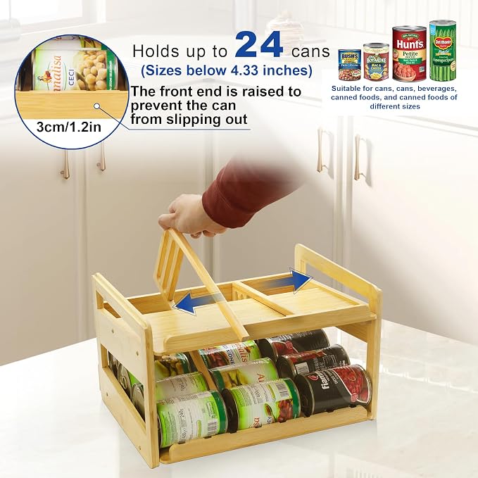 MinBoo Adjustable Can Organizer Rack, Two Tier Bamboo Stackable FIFO Cans - Image 4
