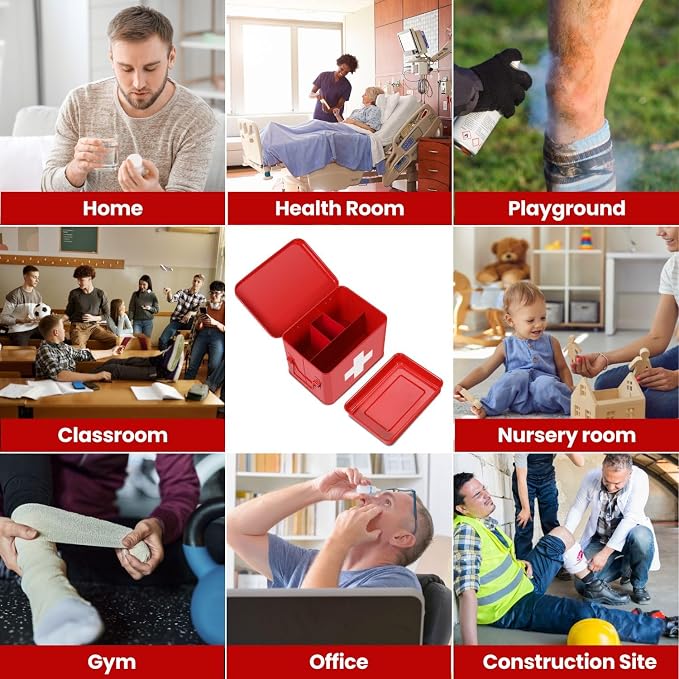 Flexzion First Aid Box Organizer, Empty 8.5 Inch Red Vintage First Aid Kit Tin - Image 8