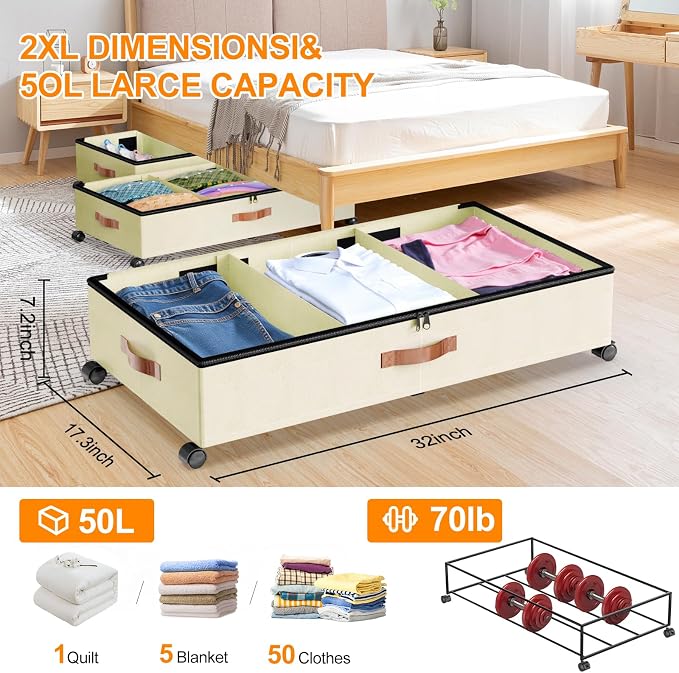 Under Bed Storage with Wheels, 2 Pack Under Bed Storage Containers with - Image 5