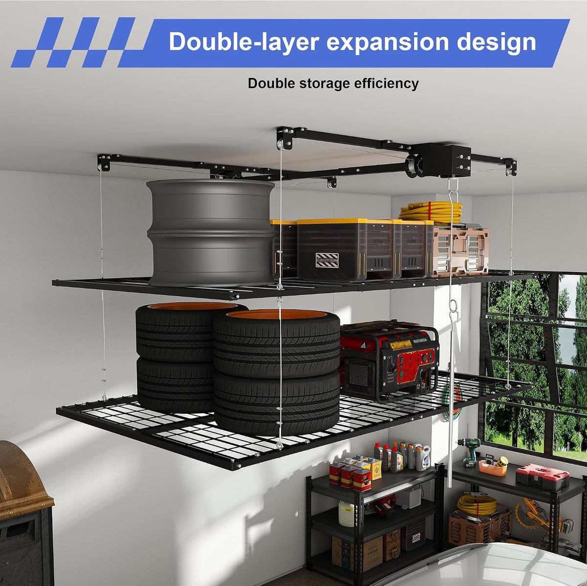 4x8FT Double-Layer Overhead Garage Storage Rack for High Ceilings