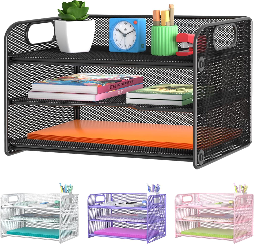 Samstar 3 Tier Letter Tray Paper Organizer with Handle, Mesh Desk