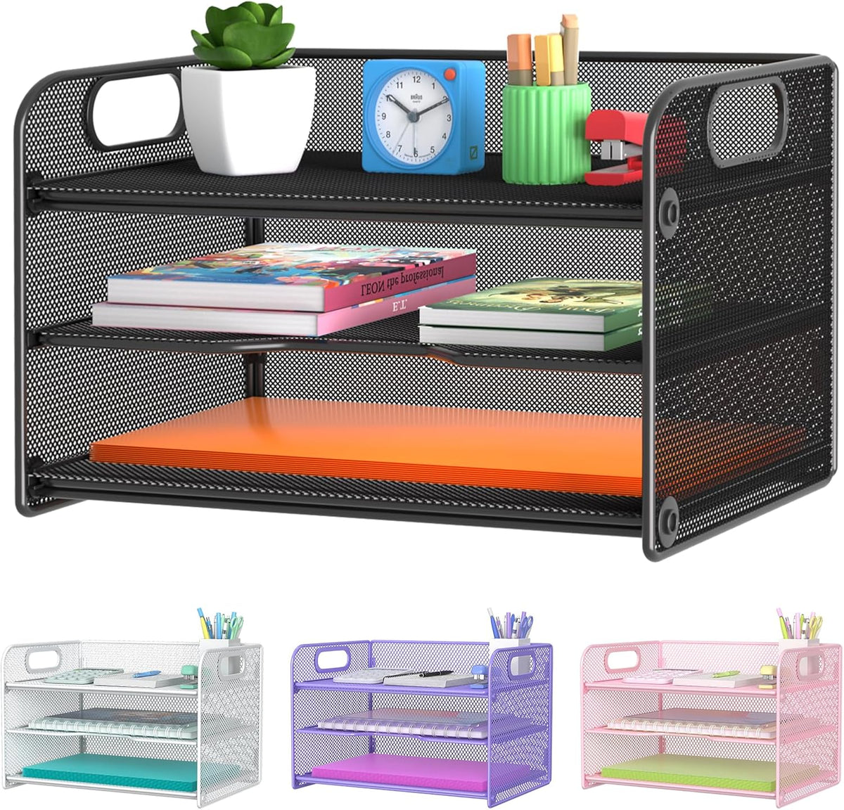 Samstar 3 Tier Letter Tray Paper Organizer with Handle, Mesh Desk