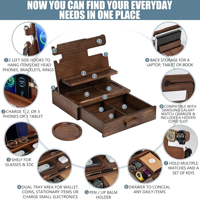 Wood Phone Docking Station for up to 3 Phones, Samsung Galaxy Watch Compatible - Image 2