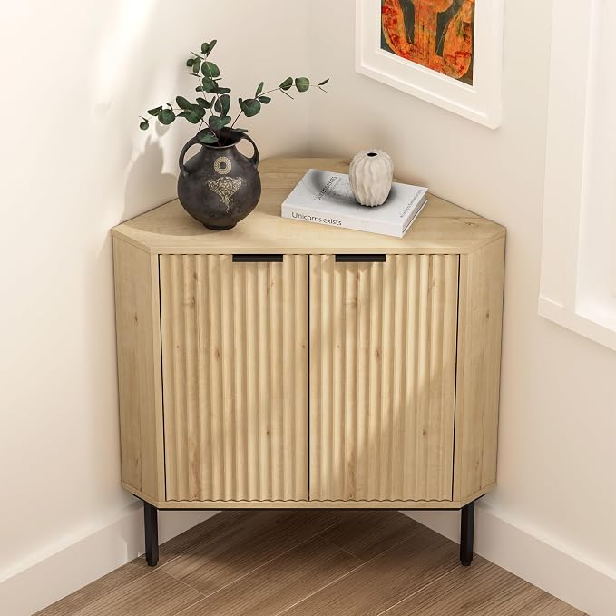 Fluted Corner Cabinet, Modern Small Corner Floor Cabinet by EYYTHUNG