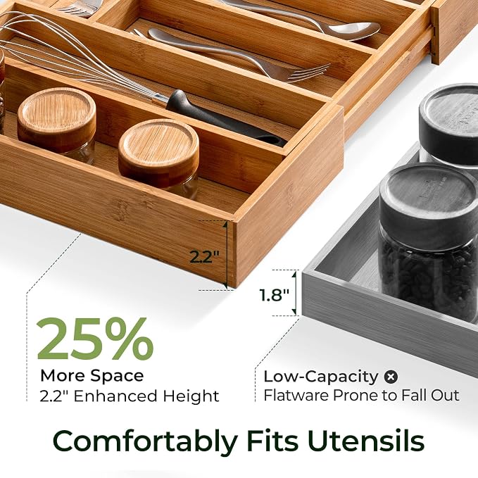 Carbonized Bamboo Kitchen Drawer Organizer, 10 Slots Expandable Silverware - Image 3