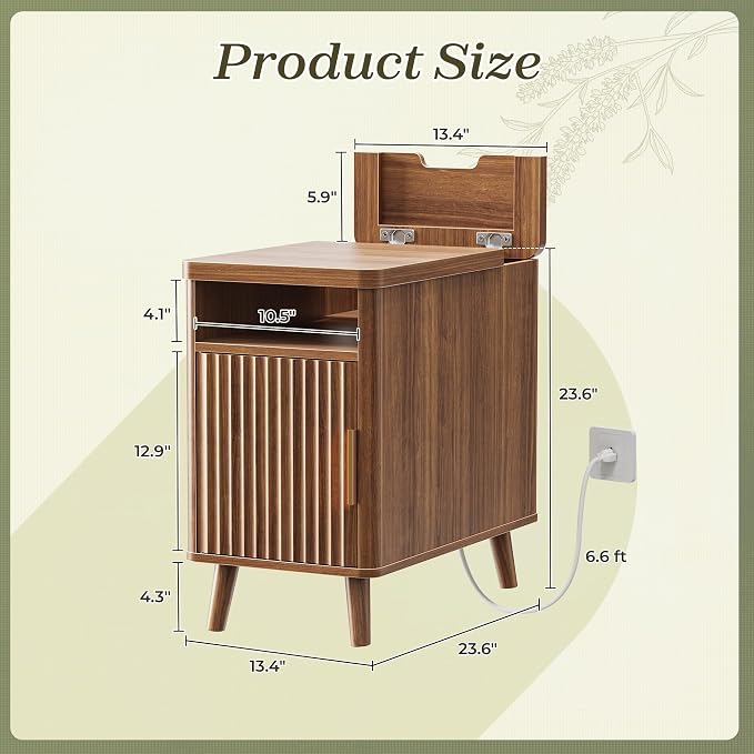Huuger Narrow Nightstand with Charging Station, USB-C Port, Fluted End Table - Image 2