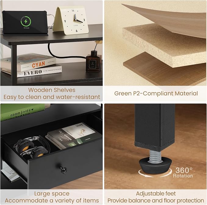 27 Inch Wide Night Stand with Charging Station, Wood Nightstand with Open Shelf - Image 4