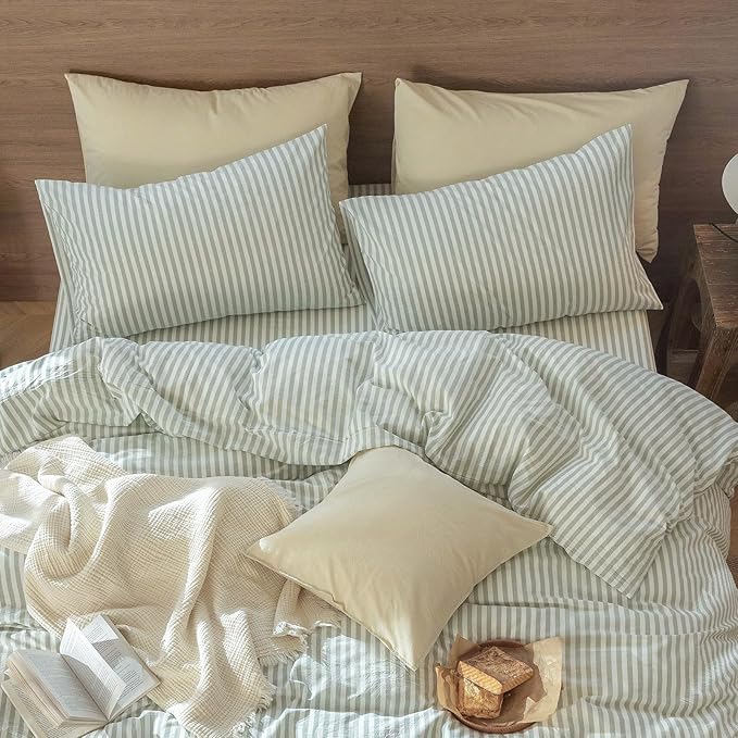 MooMee Bedding Pillowcases Striped Pack of 2 100% Washed Cotton Linen Like - Image 3