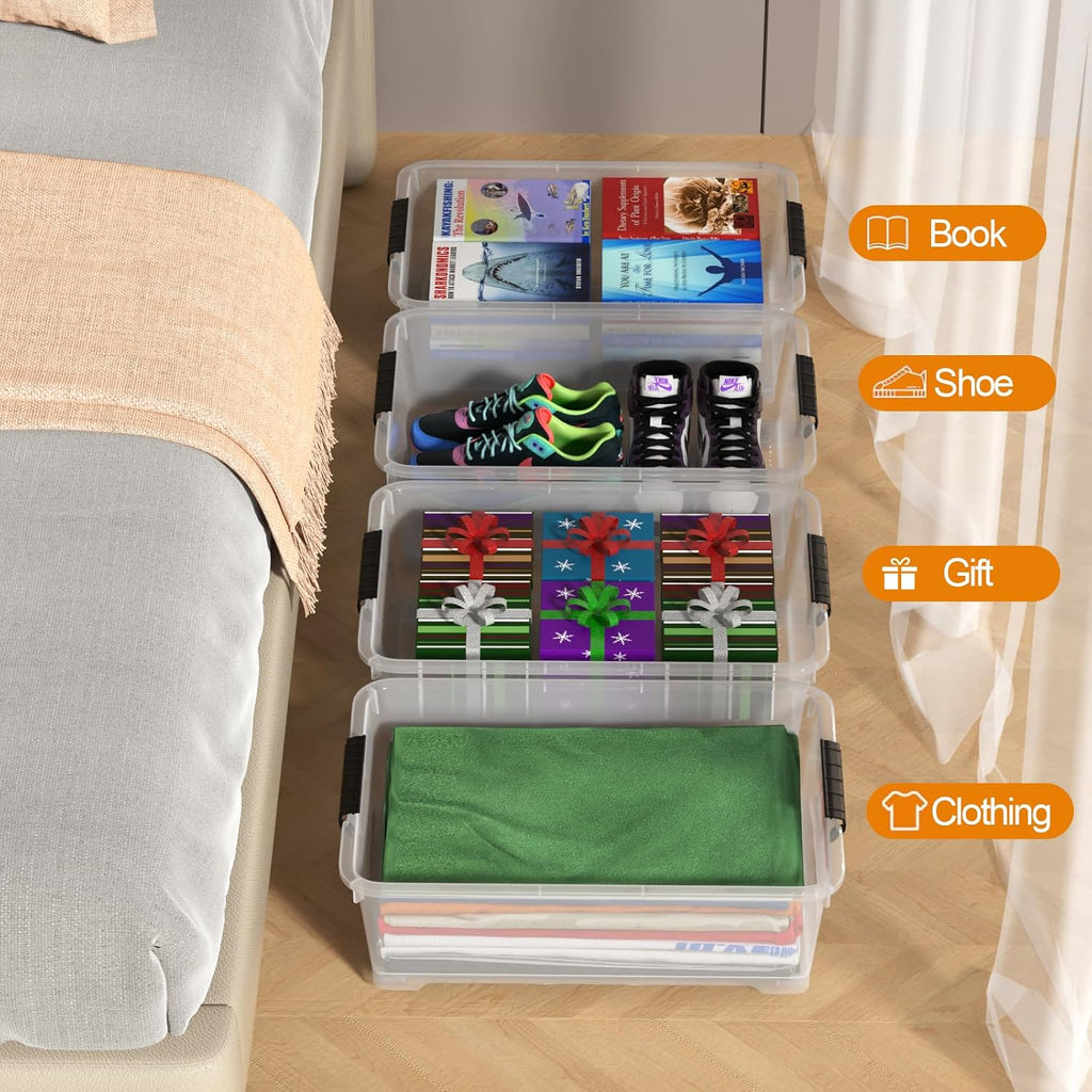 Saedy 4 Packs Plastic Under Bed Shallow Storage Box with Wheels 20 L