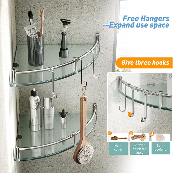 HouseMila Glass Shower Shelves, 2 Tier Tempered Glass Corner Shelf Shower - Image 3