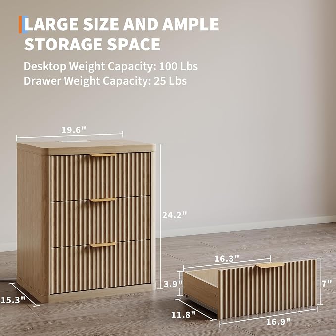Fluted Nightstand with Charging Station, Bedside Table with 3 Drawers Storage - Image 2