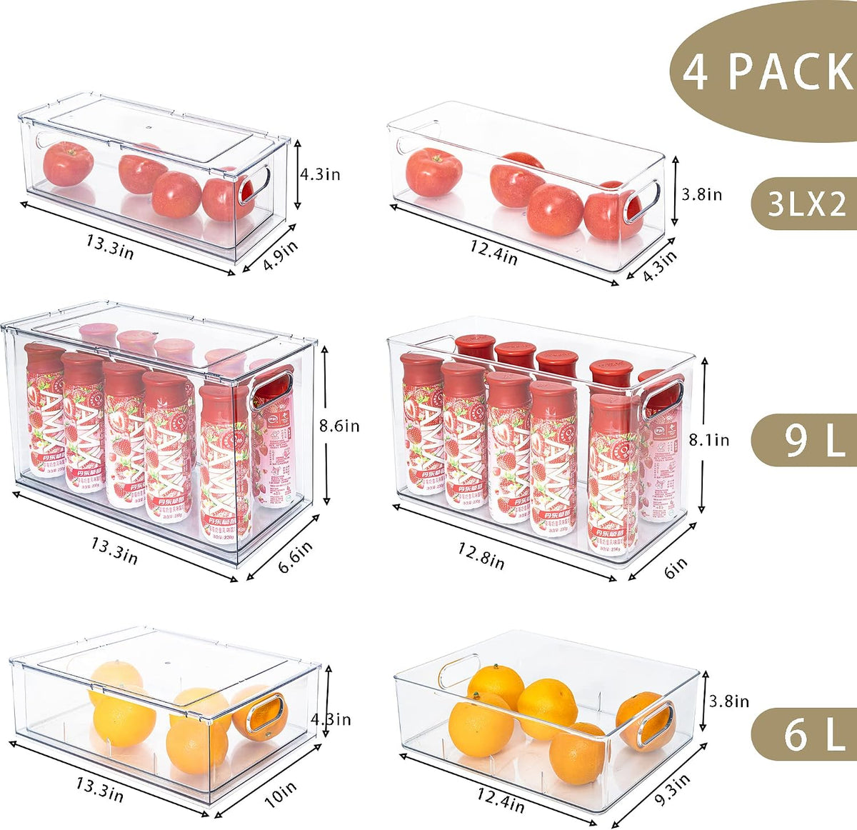 MANO Fridge Drawer Pull Out Stackable Bins with Handle Clear