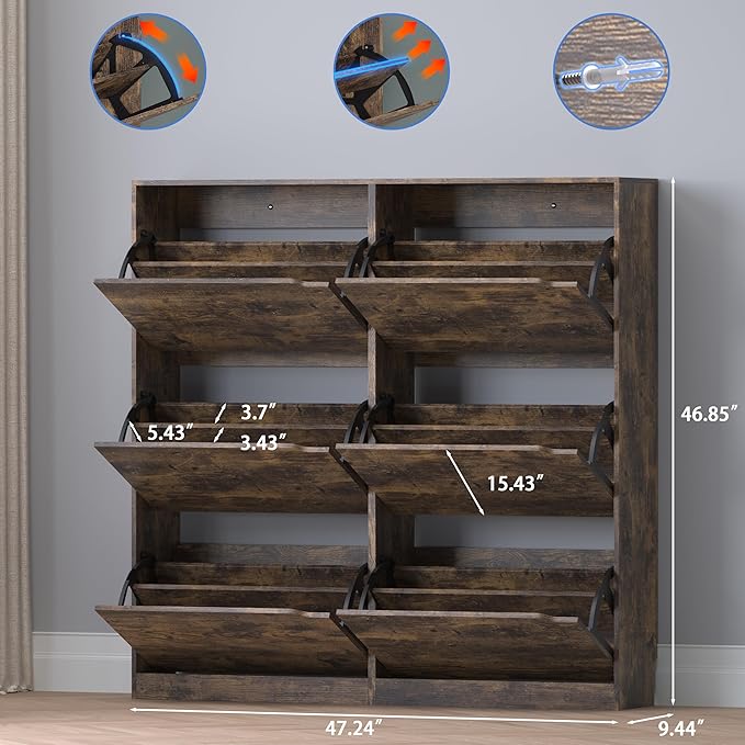 Shoe Cabinet with 6 Flip Drawers, Slim Narrow Shoe Storage Cabinet, - Image 2
