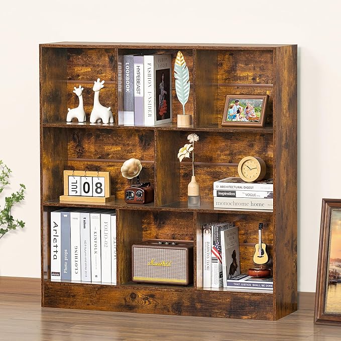 LEYAOYAO 8 Cube Bookshelf with Base, 3 Tier Mid-Century Modern Brown Bookcase by LEYAOYAO-Findtheshiningpointofyourideallife%EF%BC%81