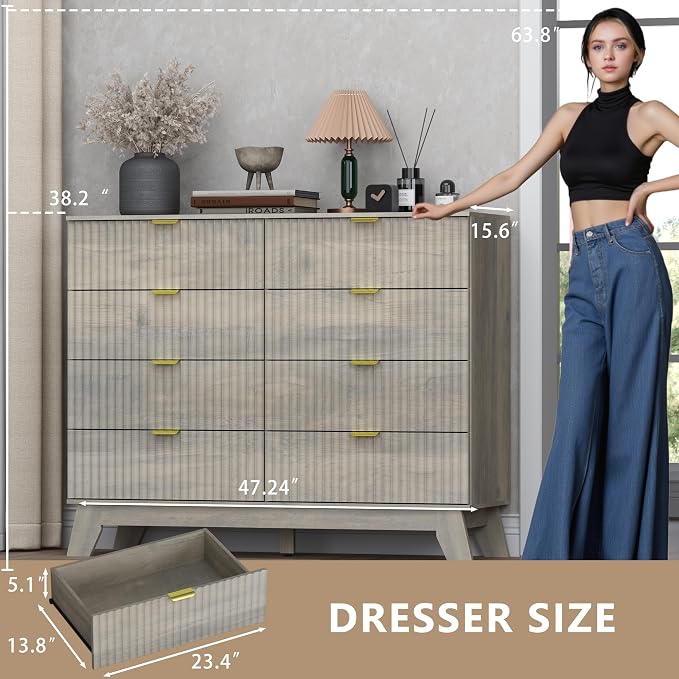 Fluted 8 Drawer Tall Dresser, 47.2" Wide Modern Boho Chest of Drawers, Wooden - Image 2