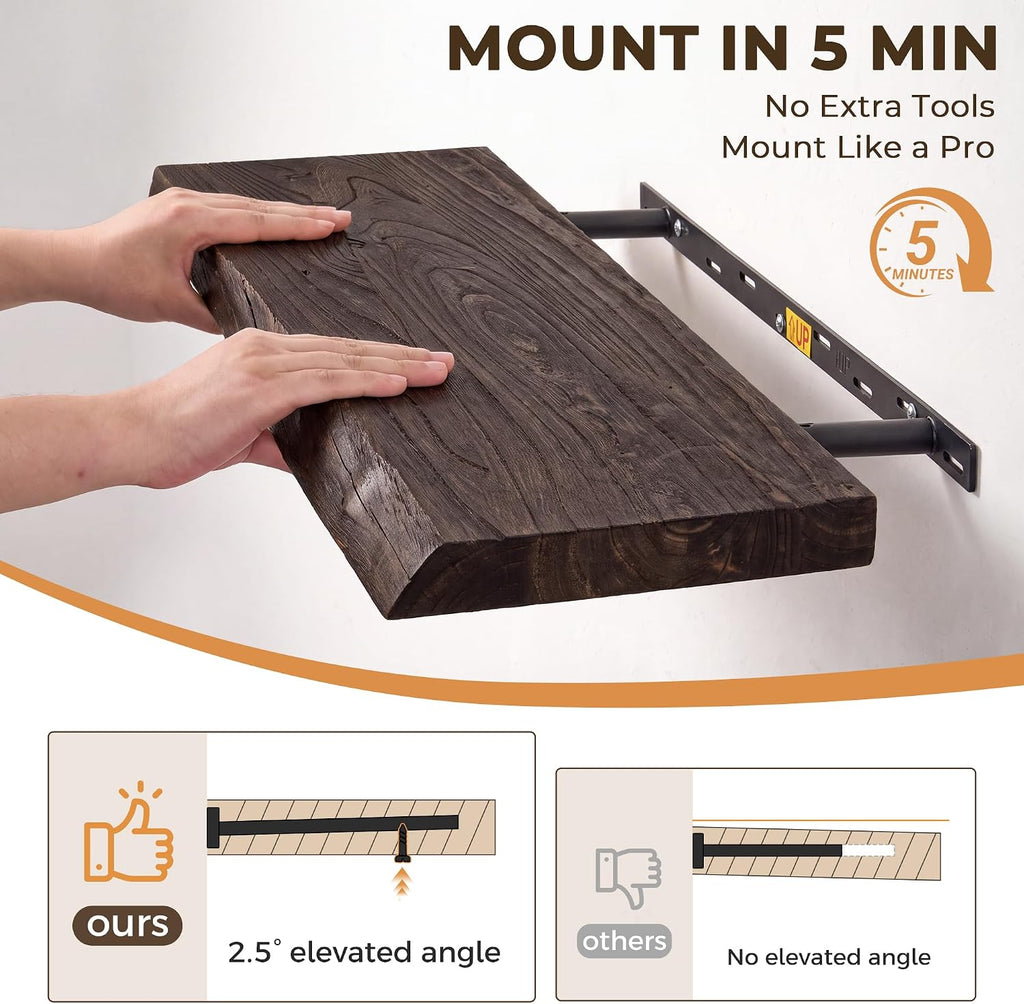 RICHFOCUS Live Edge Elm Floating Shelves - 48" W x 9.3" D Rustic Solid