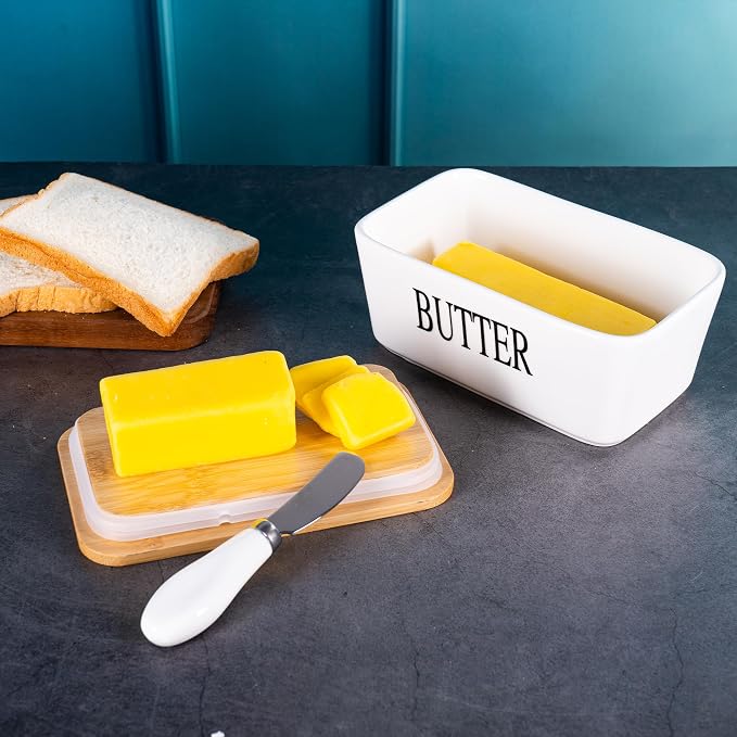 Large White Butter Dish with Lid and Knife - Image 5