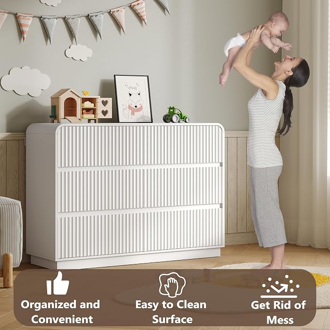 Dresser for Bedroom with 6 Drawers, Fluted Chest of Drawers with Round Curved - Image 5