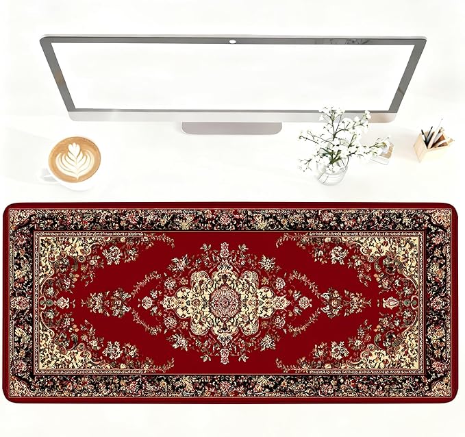 Red Vintage Persian Rug Mouse Pad – Large Extended Desk Mat 35.43 x 15.75 in – by LEIWEIHOPE