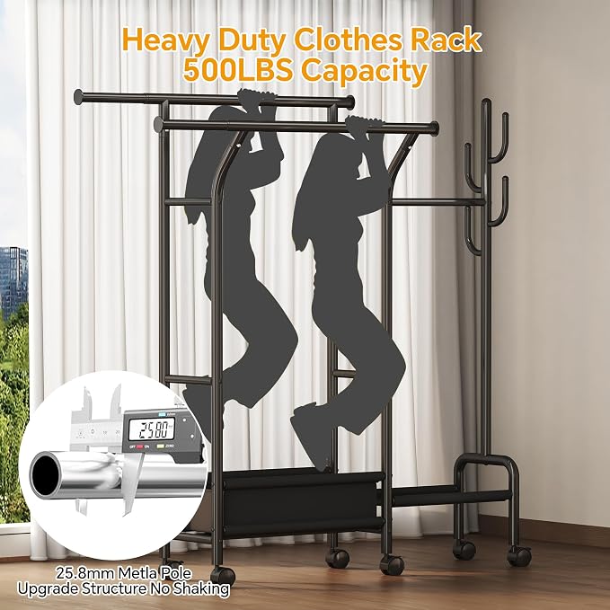Homeiju Heavy Duty Clothes Rack Load 500LBS, Three Rods Clothing Racks - Image 6