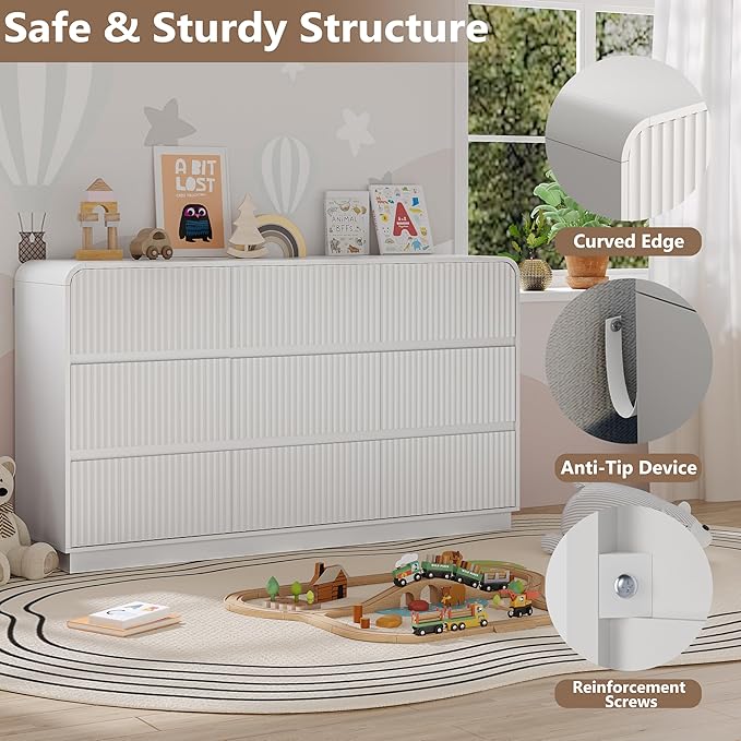 Dresser for Bedroom with 9 Drawers, Fluted Chest of Drawers with Round Curved - Image 4