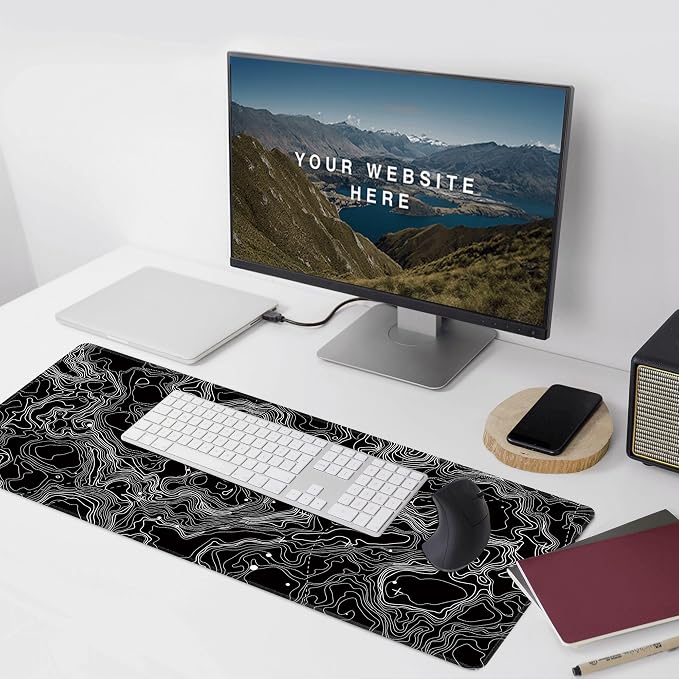 Black with White Topographic Line Large Mouse Pad, Gaming Keyboard Desk Pad - Image 6