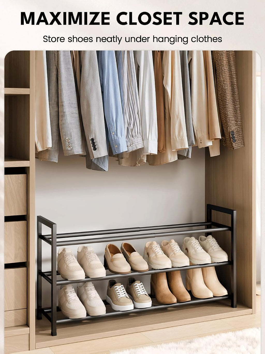 3 Tier Expandable Shoe Rack for Closet, Black