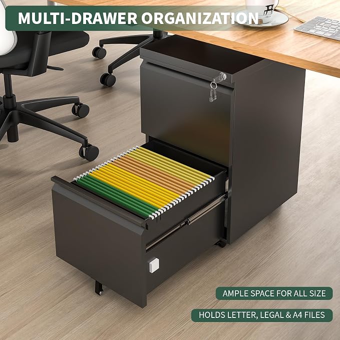 2 Drawer File Cabinet with Lock, Under Desk Rolling Small Filing Cabinet - Image 6