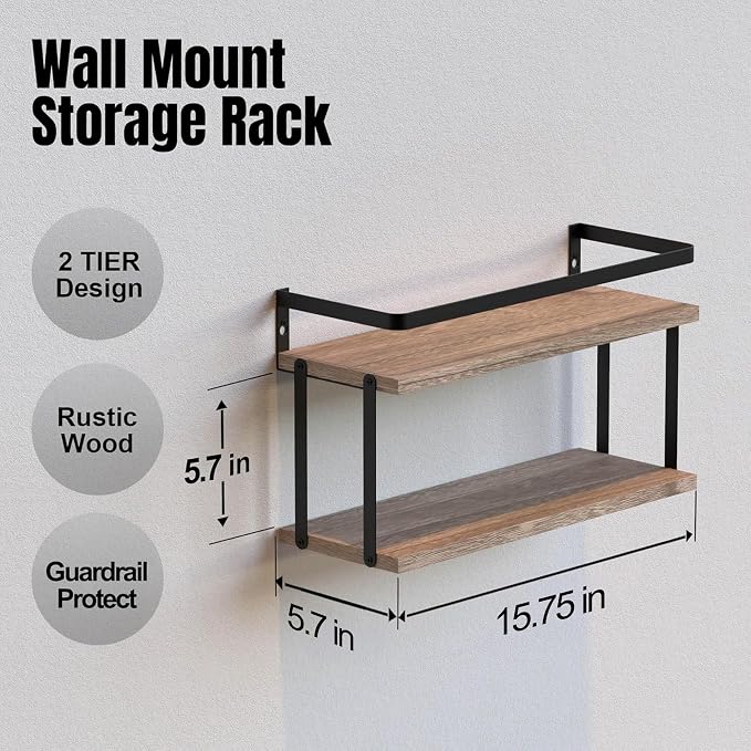 RICHER HOUSE Dual-Level Guardrail Floating Shelves, Rustic Wood Shelf Wall - Image 2