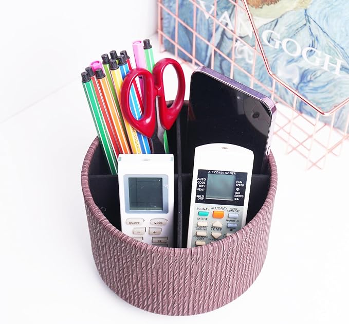 Round Leather Art Supply Organizer, Remote Control Holder, 360 Degree Spinning - Image 6
