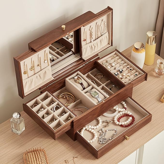 Wooden Jewelry Box for Women, 3 Level Multi-functional Drawers Black Walnut by Homruilink